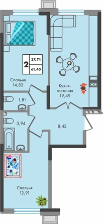 Планировка 2-комн 61,4 м²