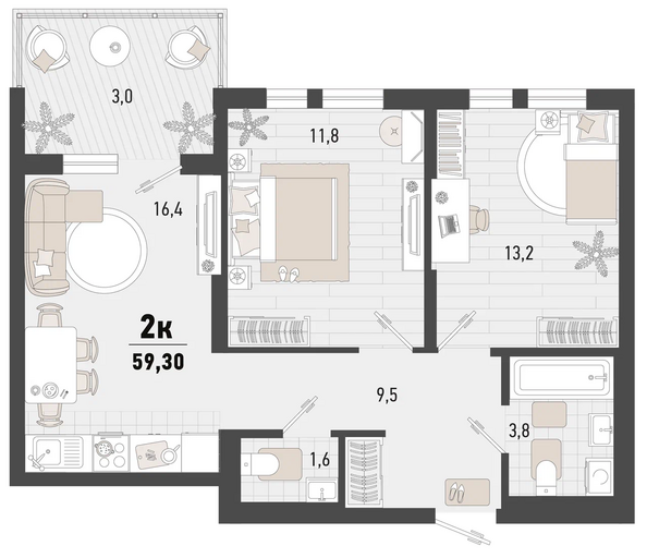 Планировка 2-комн 59,3 м²