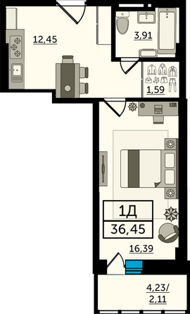 Планировка 1-комн 36,42 м²