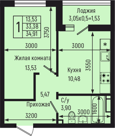 Планировка 1-комн 34,91 м²