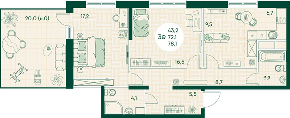 Планировка 3-комн 78,1 м²