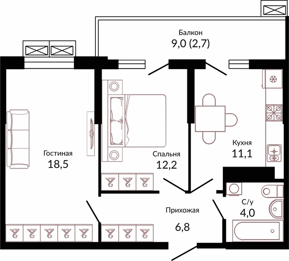 Планировка 2-комн 55,3 м²