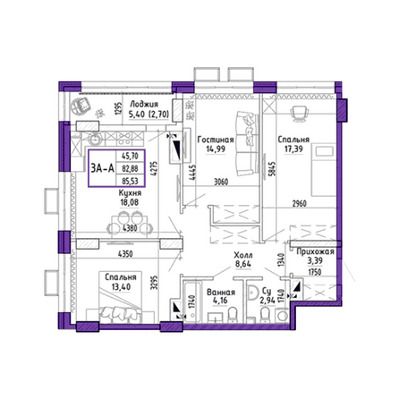 Планировка 3-комн 85,53 м²