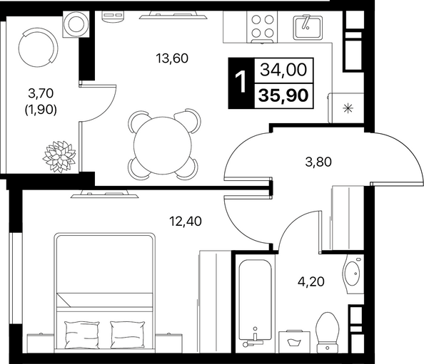 Планировка 1-комн 35,9, 36,3 м²