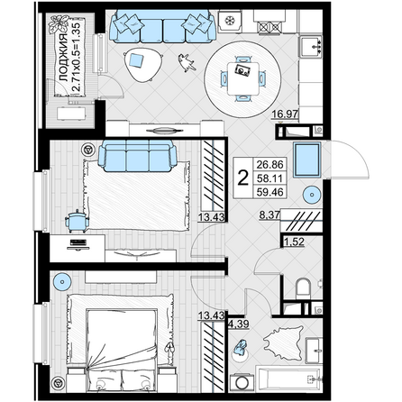 Планировка 2-комн 59,46 м²