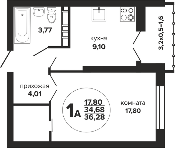 Планировка 1-комн 36,28 - 36,86 м²