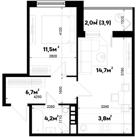 Планировка 2-комн 43,7 м²