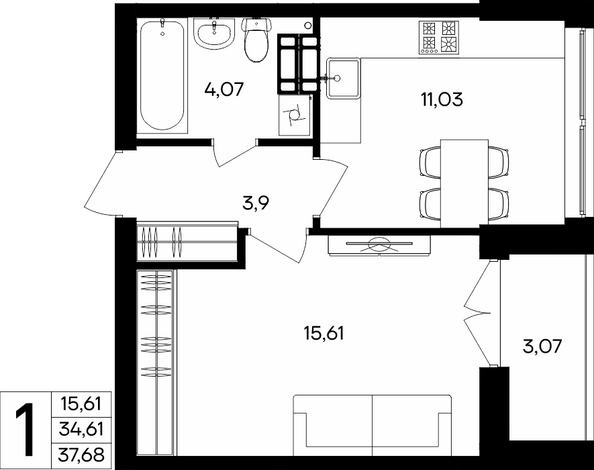 Планировка 1-комн 37,68, 37,76 м²
