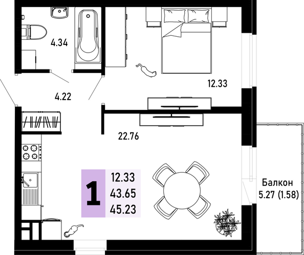 Планировка 1-комн 45,23 м²