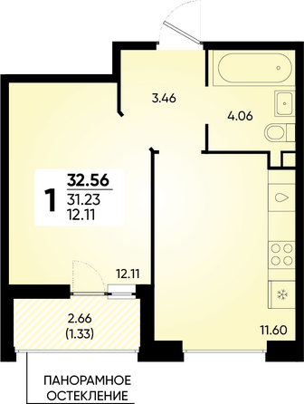 Планировка 1-комн 32,56 м²