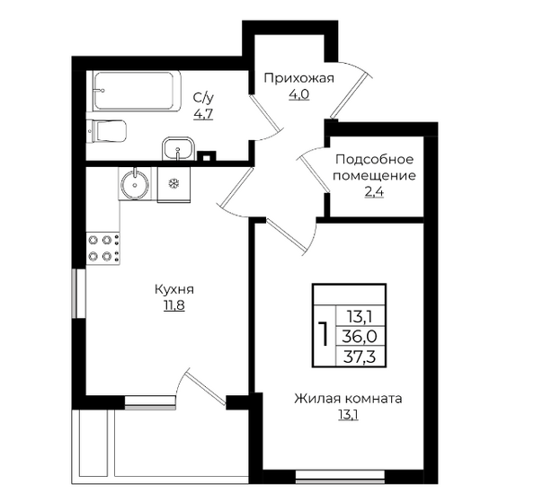 Планировка 1-комн 37,3 м²