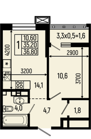 Планировка 1-комн 36,8, 37,3 м²