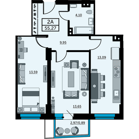 Планировка 2-комн 55,49, 55,6 м²