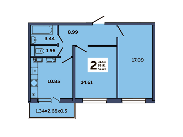 Планировка 2-комн 57,49 м²