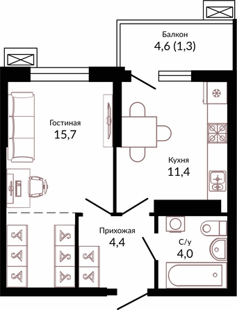 Планировка 1-комн 36,8 м²