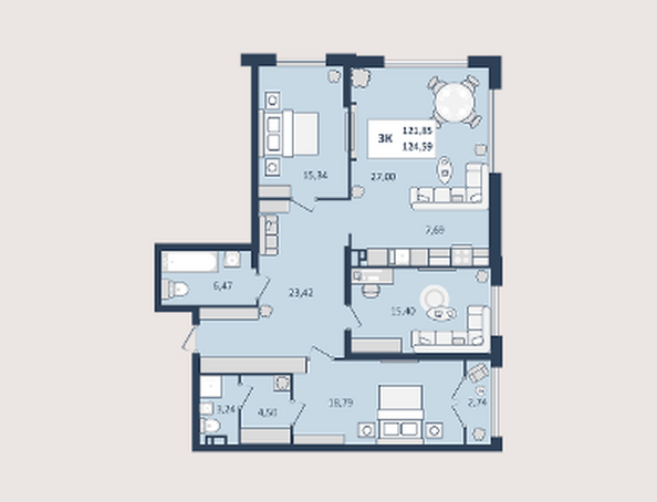 Планировка 3-комн 124,6 м²