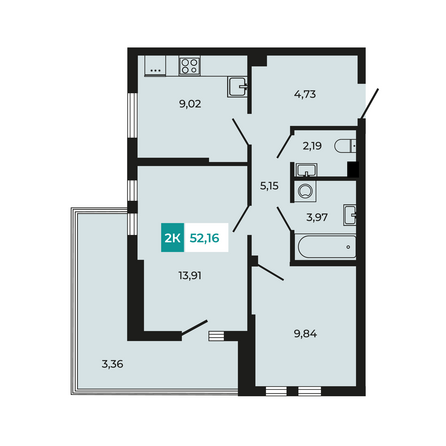 Планировка 2-комн 52,16 м²