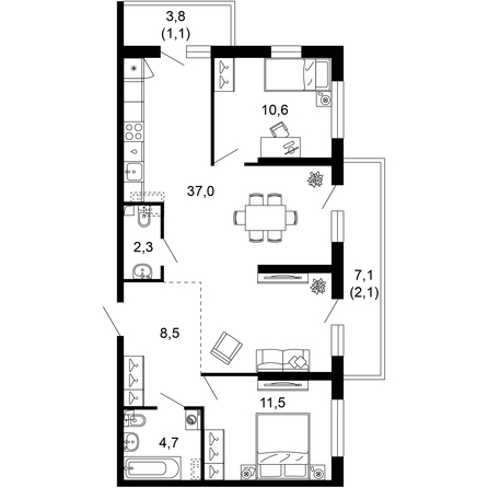 Планировка 3-комн 77,5, 77,8 м²