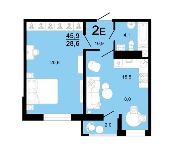 Планировка 2-комн 45,9 м²