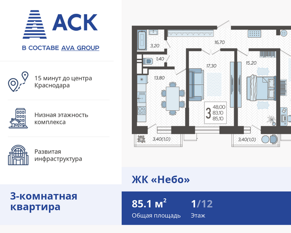 Планировка 3-комн 85,1 м²