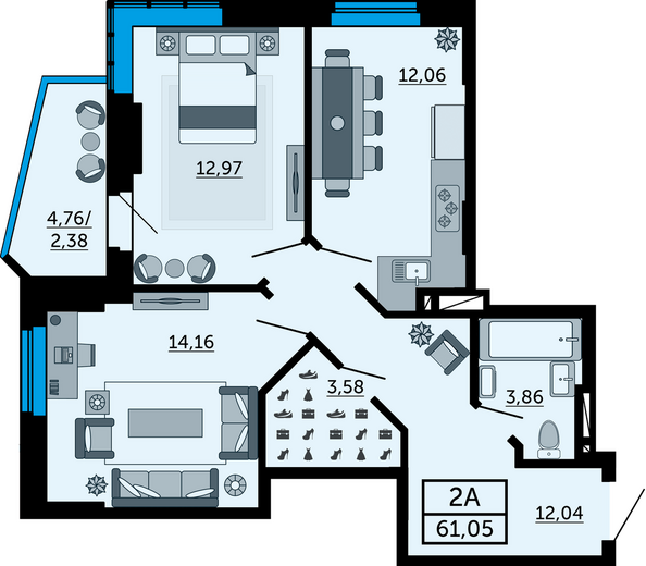 Планировка 2-комн 60,61 - 60,69 м²