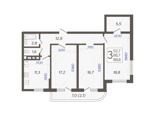 Планировка 3-комн 88,8 м²