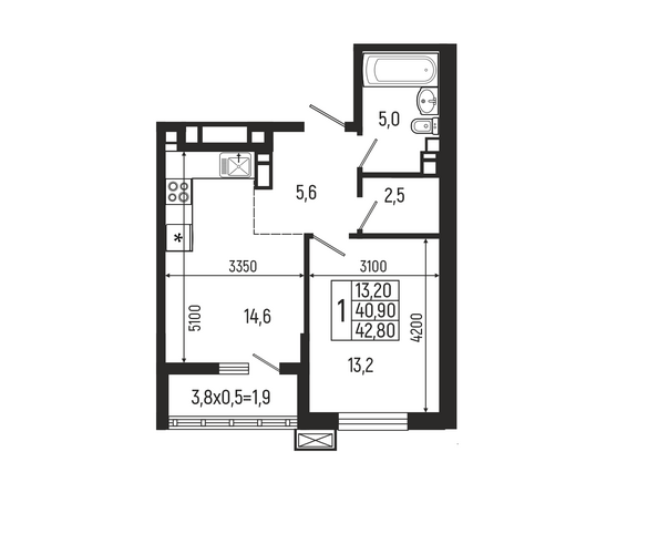 Планировка 1-комн 42,8 м²