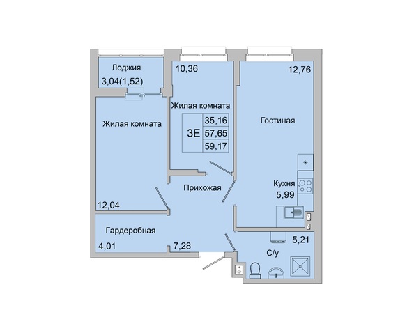 Планировка 3-комн 58,07 - 62,75 м²