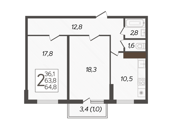 Планировка 2-комн 64,8 м²