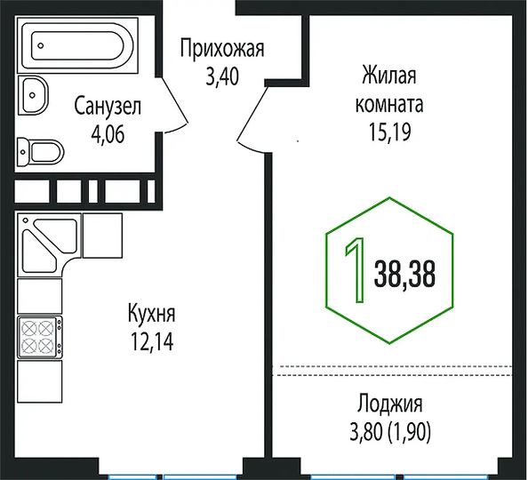 Планировка 1-комн 38,38 м²