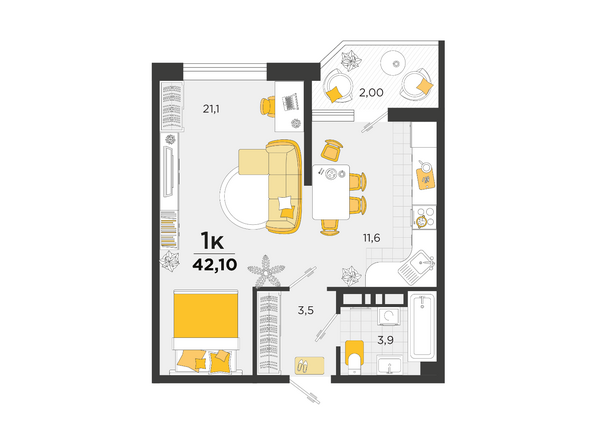 Планировка 1-комн 42,1 м²