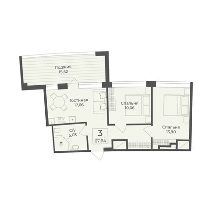 Планировка 3-комн 67,64 м²