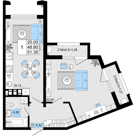 Планировка 1-комн 51,35 м²