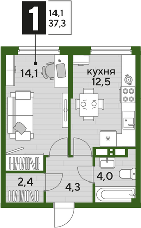 Планировка 1-комн 37,3 м²