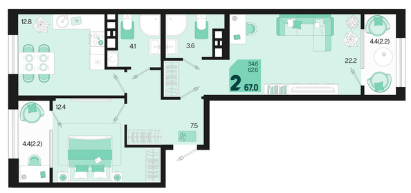 Планировка 2-комн 67 м²