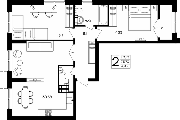 Планировка 2-комн 78,88, 78,89 м²