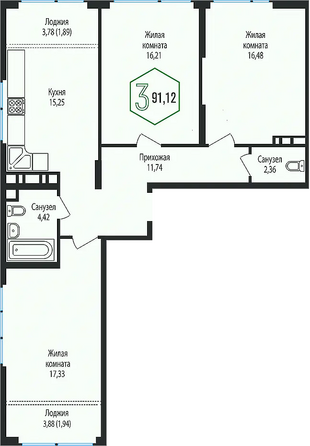 Планировка 3-комн 91,12 м²