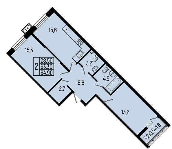 Планировка 2-комн 64,9 м²