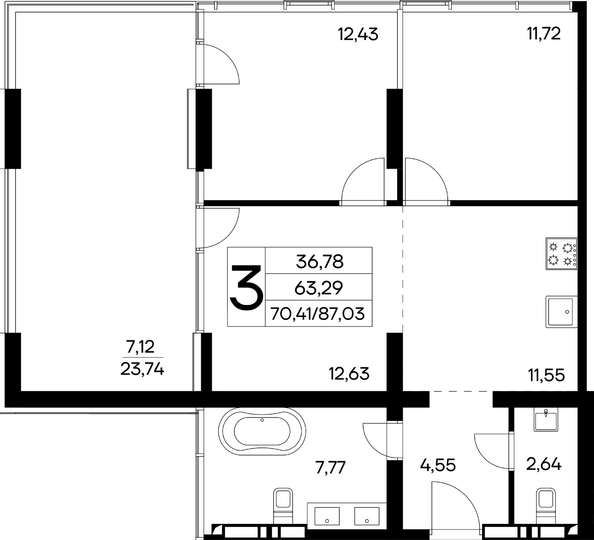 Планировка 3-комн 87,03 м²
