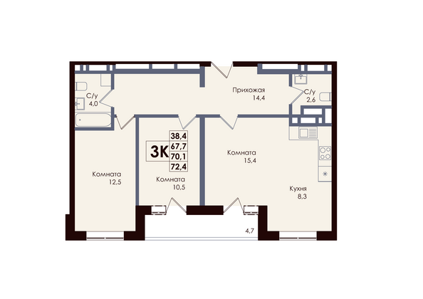 Планировка 3-комн 70,1 м²