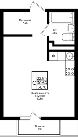 Планировка Студия 37,78 м²