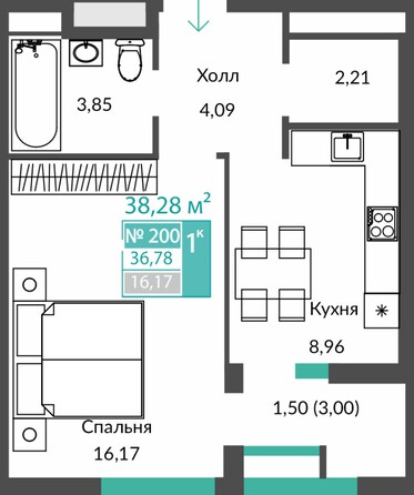 Планировка 1-комн 36,78, 36,81 м²
