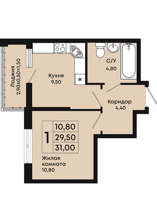 Планировка 1-комн 31 м²