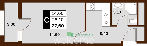 Планировка 1-комн 27,6 м²