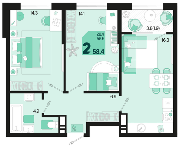 Планировка 2-комн 58,4, 59,5 м²