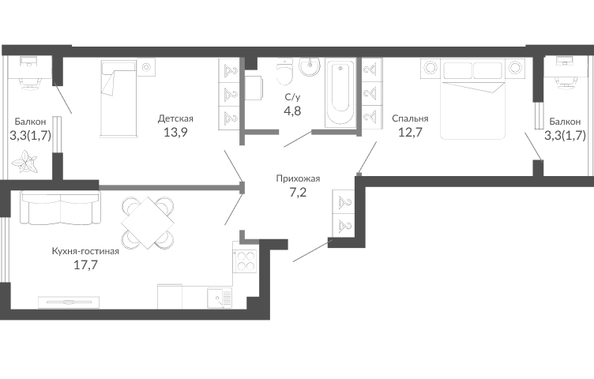 Планировка 2-комн 59,7 м²