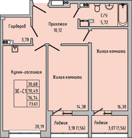 Планировка 3-комн 76,74 м²