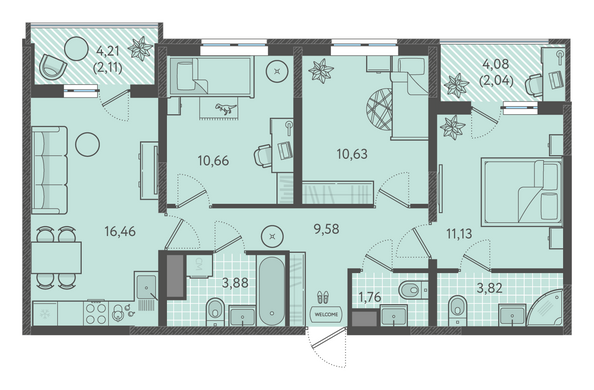 Планировка 3-комн 71,95 - 73,05 м²