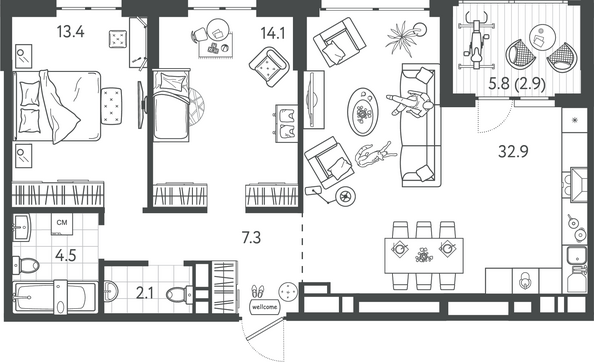 Планировка 2-комн 77,2 м²