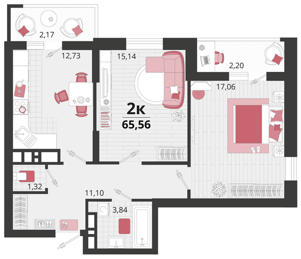 Планировка 2-комн 65,56 м²